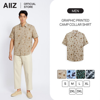 AIIZ เสื้อเชิ้ตผู้ชายแขนสั้นปกฮาวายพิมพ์ลาย