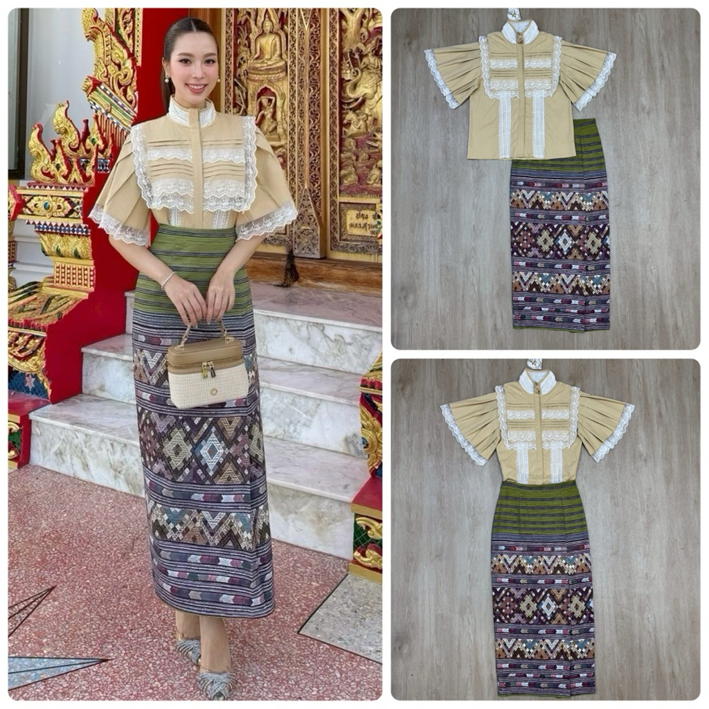 Abigail Set เสื้อแขนระบาย+ผ้าถุง ชุดไปวัดทำบุญ