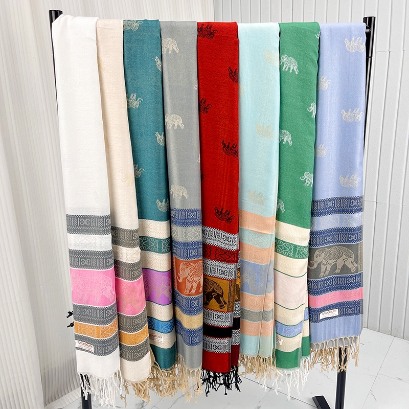 ผ้าคลุมไหล่ ลายช้างขนาดใหญ่ 80x180cm ผ้าพันคอ Pashmina Thai Vintage