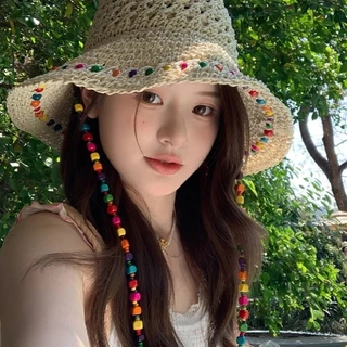 หมวกกันแดด แฟชั่นสไตล์เกาหลี สไตล์ins เดินป่า ระบายอากาศ กลางแจ้ง พร้อมสร้อยคอลูกปัดสี
