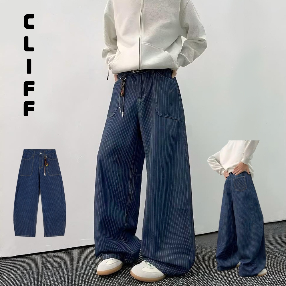 CLIFF กางเกงยีนส์ขายาวทรงหลวมผู้ชาย  ลายทางตั้ง  ดูผอม  เอวสูง  หลายกระเป๋า  พักผ่อน
