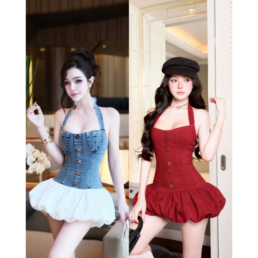 TBB Brand : Baby Blossoms เดรสยีนส์ลูกฟูกสีแดงกระดุมไม้ เดรส เว้า