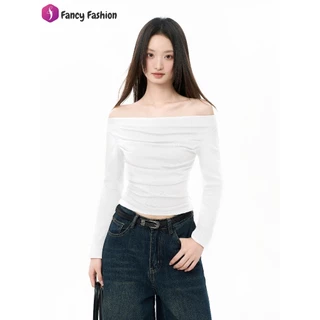 Fancy เสื้อปาดไหล่ แขนยาว [ใส่แล้วผอม] ทรงเข้ารูป ผ้านิ่มเด้ง สไตล์เกาหลี มินิมอล เสื้อไปคาเฟ่ เสื้อแฟชั่นผู้หญิง