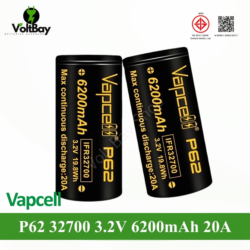 (หัวแบน) Vapcell  ถ่านชาร์จ P62 32700  3.2V 6200mah 20A