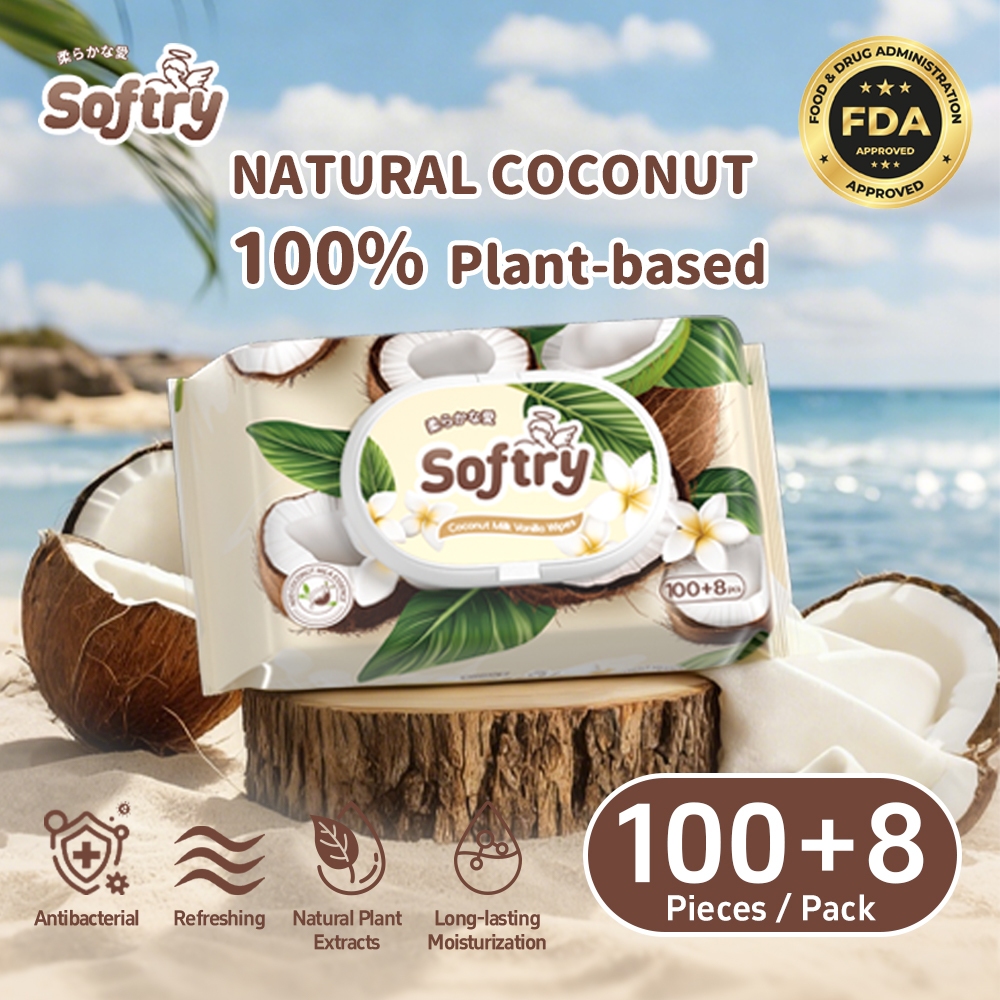Softry ทิชชู่เปียก กลิ่นมะพร้าว ผ้าใยสังเคราะห์ ออร์แกนิคธรรมชาติ ปราศจากแอลกอฮอล์ Baby Wipes