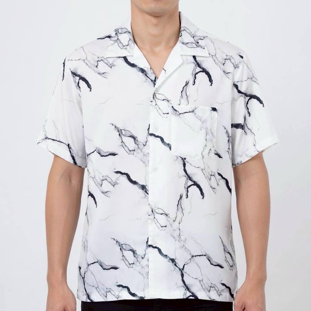 เสื้อเชิ้ตฮาวาย ลายหินอ่อนลายเส้น (พื้นสีขาว) ผ้าไหมอิตาลี