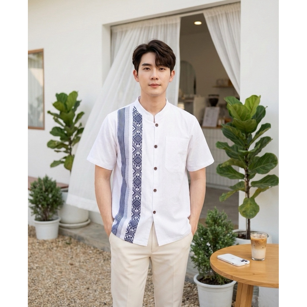 เสื้อพื้นเมืองผู้ชายคอจีน แต่งแถบผ้าทอลายไทย