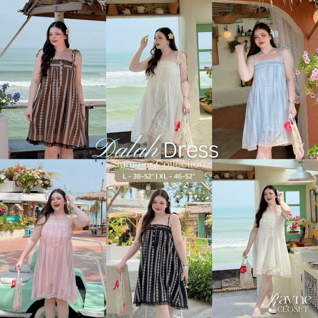 Dalah Dress - ชุดเดรสสายเดี่ยวผ้าโรซี่ปักลูกไม้ มีซับใน (Plus-size)