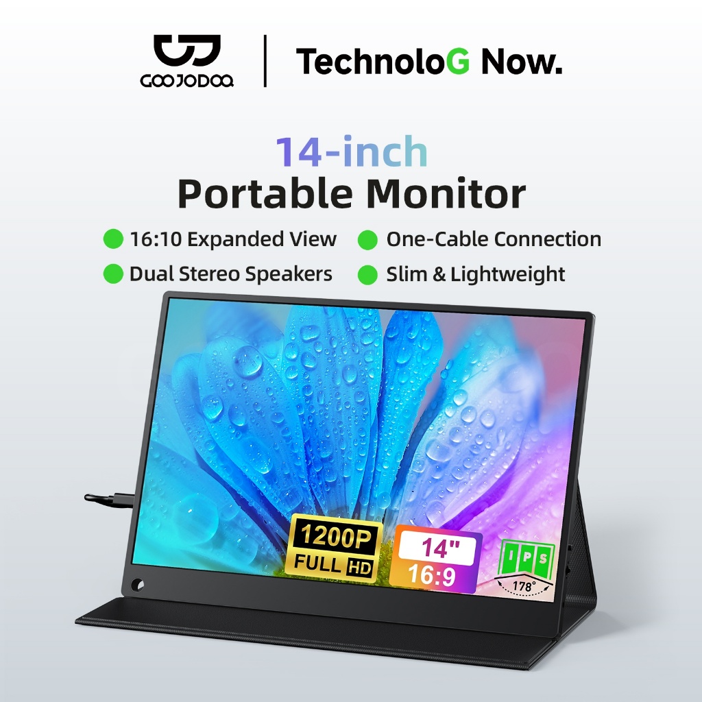 GOOJODOQ 14 นิ้ว จอพกพา 1920x1200 Ips อัตราส่วนหน้าจอ 16:10 Type C ลำโพงคู่ มุมมองกว้าง 178° Portable Monitor