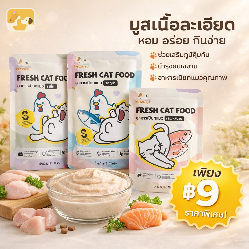 [คละรสได้] อาหารเปียกแมว [Ketzuzu] 70g อาหารแมวซอง เกรดพรีเมี่ยม อร่อยจนน้องแมวติดใจ