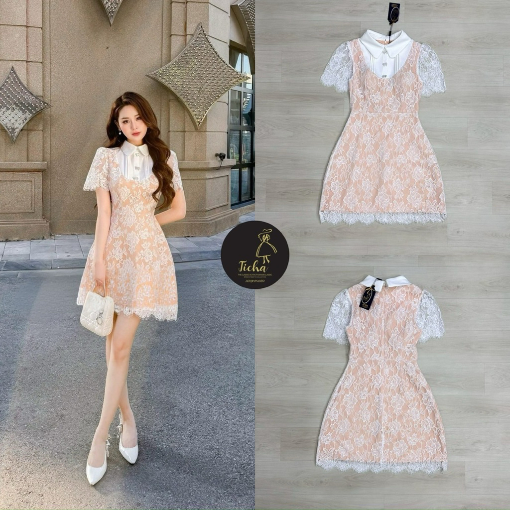 Ticha(เช็คก่อนสั่ง) เดรสแขนสั้น คอปก ดีเทลแต่งจับจีบกลางลำตัว สวยเรียบหรูมาก(XS-L)