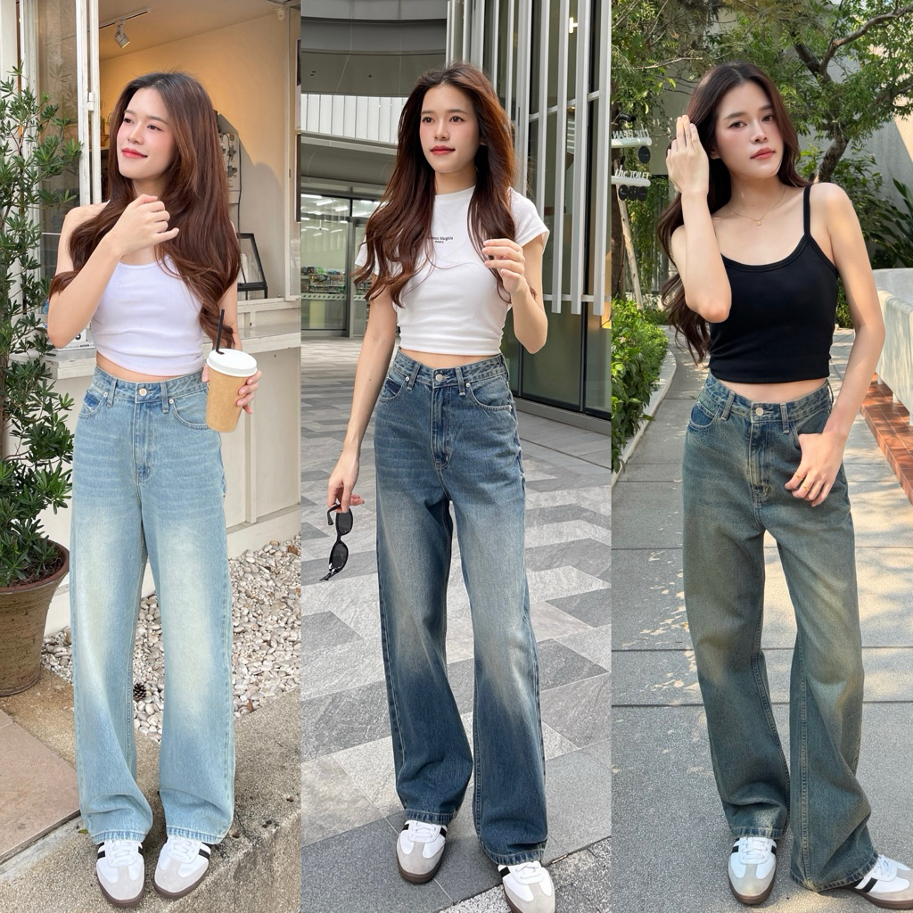 BLUEDA - Teddy Jeans กางเกงยีนส์เอวสูง ขากระบอก ดีเทลแต่งด้านข้าง พรางหุ่น เก็บทรงดีมาก ผ้านิ่ม ใส่สบาย