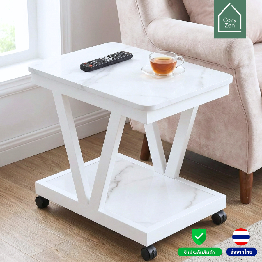 CozyZen โต๊ะข้างโซฟา พร้อมล้อเลื่อน ท็อปขนาด 50/60 ซม. โต๊ะกาแฟ โต๊ะหินอ่อน ชั้นวางของ side