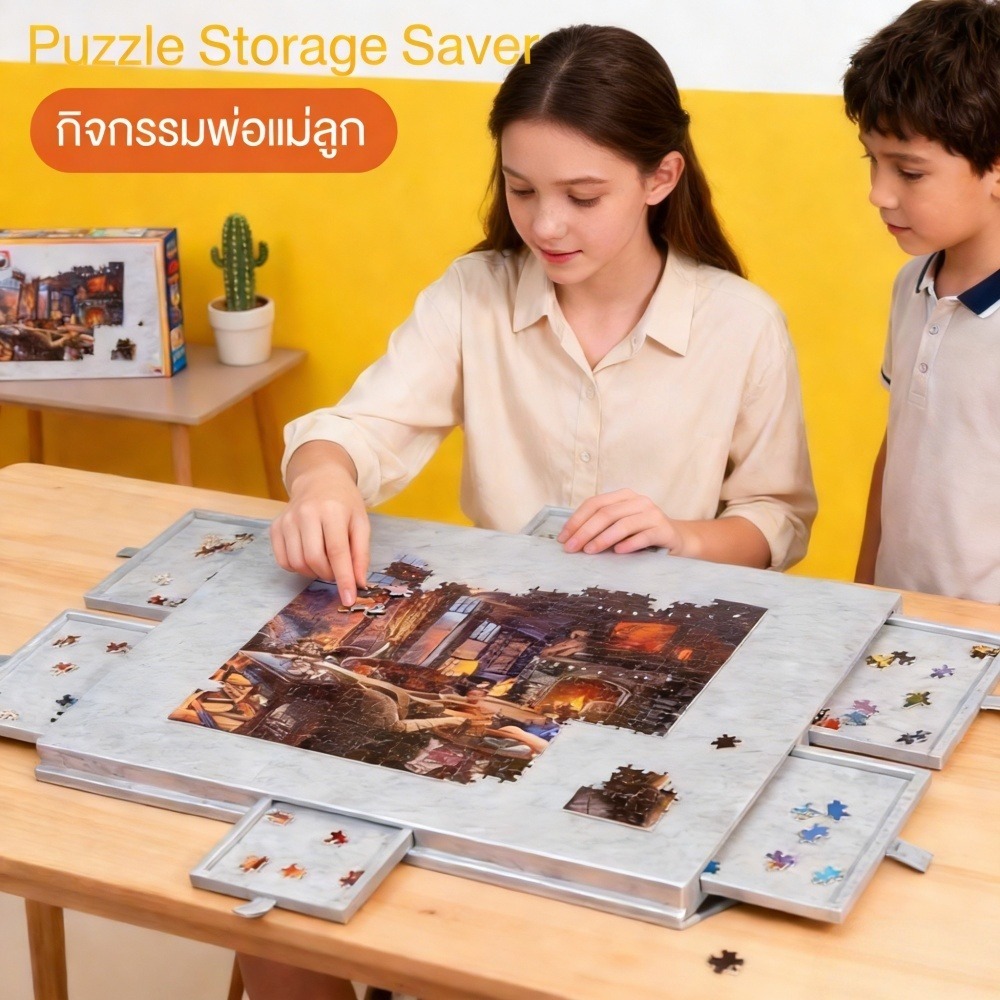 Tilting Puzzle Board 1000 ชิ้น 2-in-1แผ่นเก็บพาซเซิล Felt พกพาพับได้ 6 ลิ้นชัก Puzzle Mat Storage Saver