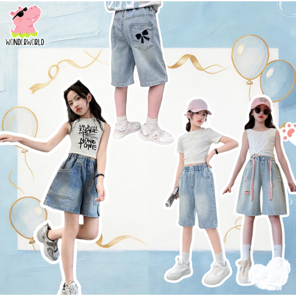 กางเกงยีนส์เด็กหญิง กางเกงขาสั้นเด็ก งานแฟชั่น ทรงหลวม เอวยางยืด เทรนด์เกาหลี