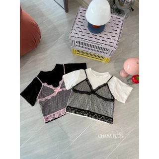 (LD) เสื้อครอปแต่งสายเดี่ยวซีทรู น่ารักมากๆ สดใสสุดๆ ตัวเดียวแมทซ์กับยีนส์จบ เสื้อผ้าสาวอวบอ้วน พลัสไซส์ ไซส์ใหญ่