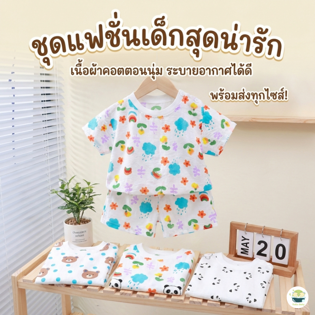 ชุดนอนแขนสั้น ขาสั้น ชุดนอนเด็ก เซท 2 ชิ้น ผ้าบางๆใส่สบาย Size 73-110 มีกระดุมที่ไหล่