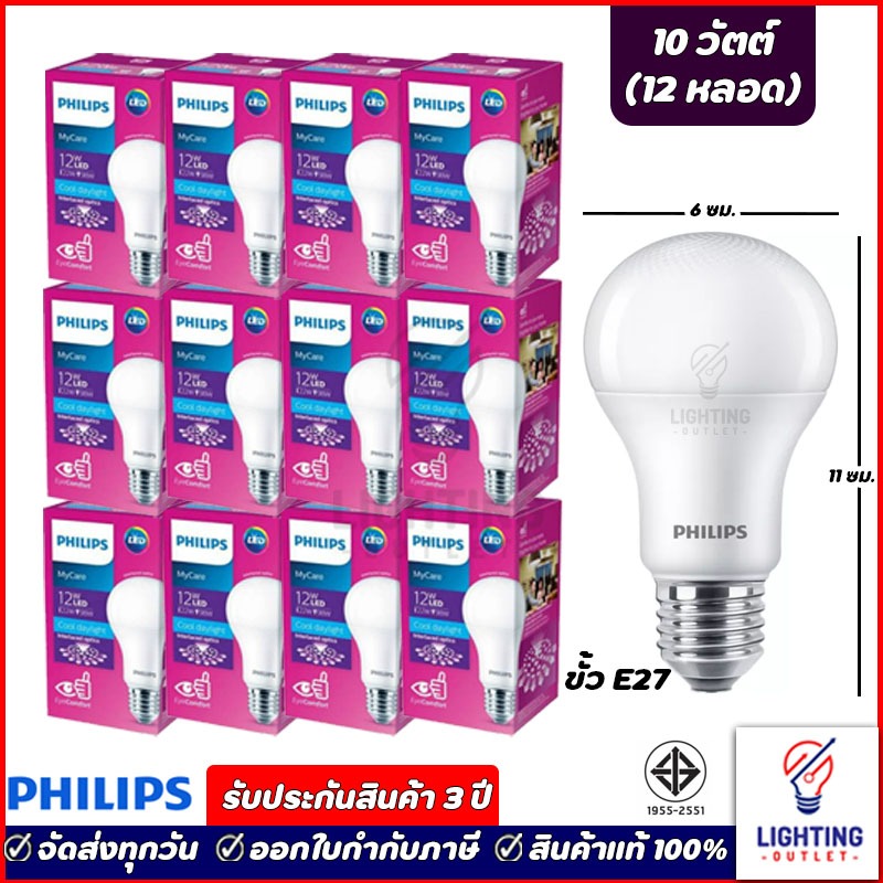 12หลอด🔥Philips หลอดไฟฟิลิปส์ 12วัตต์ LED Bulb 12w Daylight แสงขาว Coolwhite 4000K Warmwhite แสงเหลือง