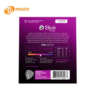 (ของแท้) สายกีตาร์โปร่ง ELIXIR PHOSPHOR BRONZE NANOWEB COATING,CUSTOM LIGHT(.011-.052) #16027