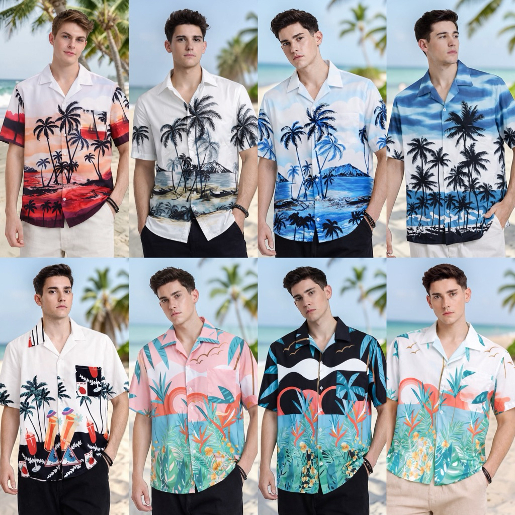 HAWAII SHIRTเสื้อเชิ้ตเสื้อฮาวาย ลายมะพร้าว ผ้าไหมอิตาลี ผ้านิ่มลื่นใส่สบาย พร้อมส่ง🌤️🌊🌴🐳