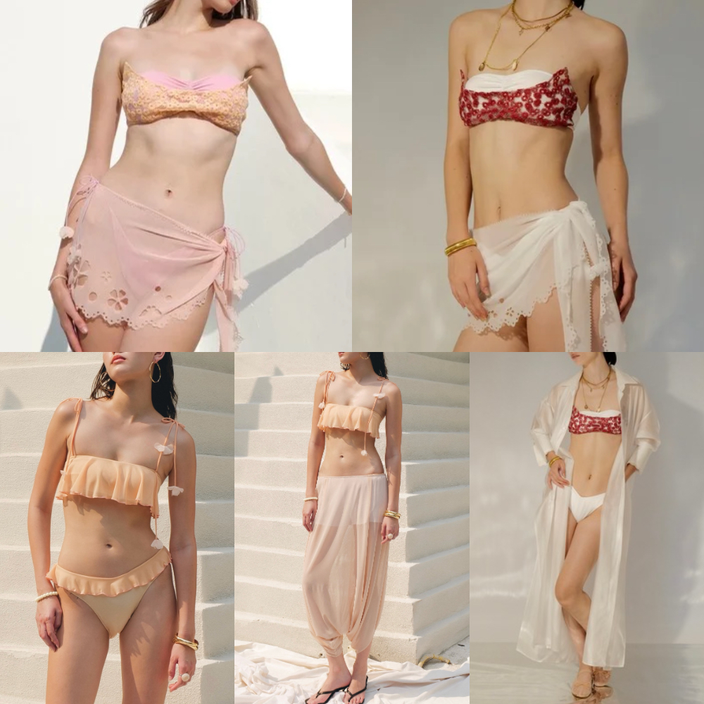 Try_yorata l Embroidered corset bralette, Tencel coat, Ruffle bralette, Sarouel trousers ชุดว่ายน้ำเกาะอก สีสันสดใส