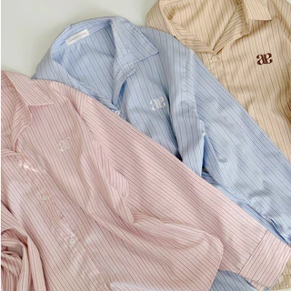 Candy Shirt เสื้อเชิ้ตงานปัก (ผ้าคอตตอนเชิ้ต) ลายริ้ว เสื้อเชิ้ตทรง Oversize สาวอวบใส่ได้ AOMMKOSHOP - S68 Women