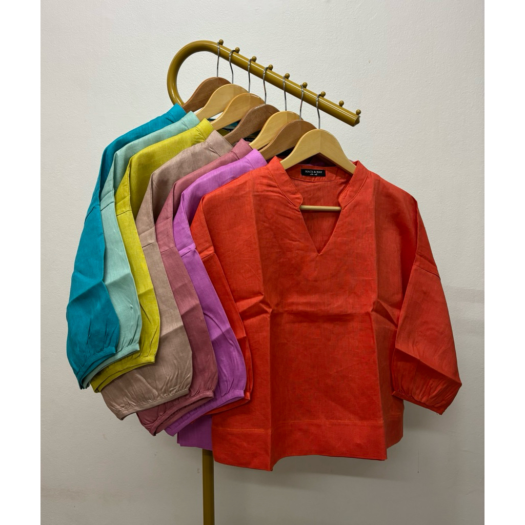 เสื้อลินินแท้ คอจีนวี แขนบอลลูน 5 ส่วน แบบฟรีไซส์