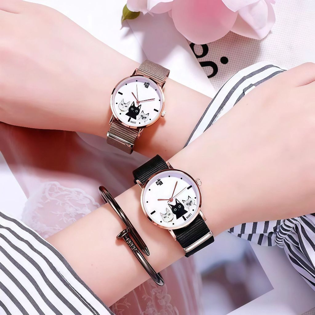 นาฬิกาข้อมือแฟชั่น สายผ้า ลายแมวBD นาฬิกานักเรียน สำหรับผู้ชายผู้หญิง