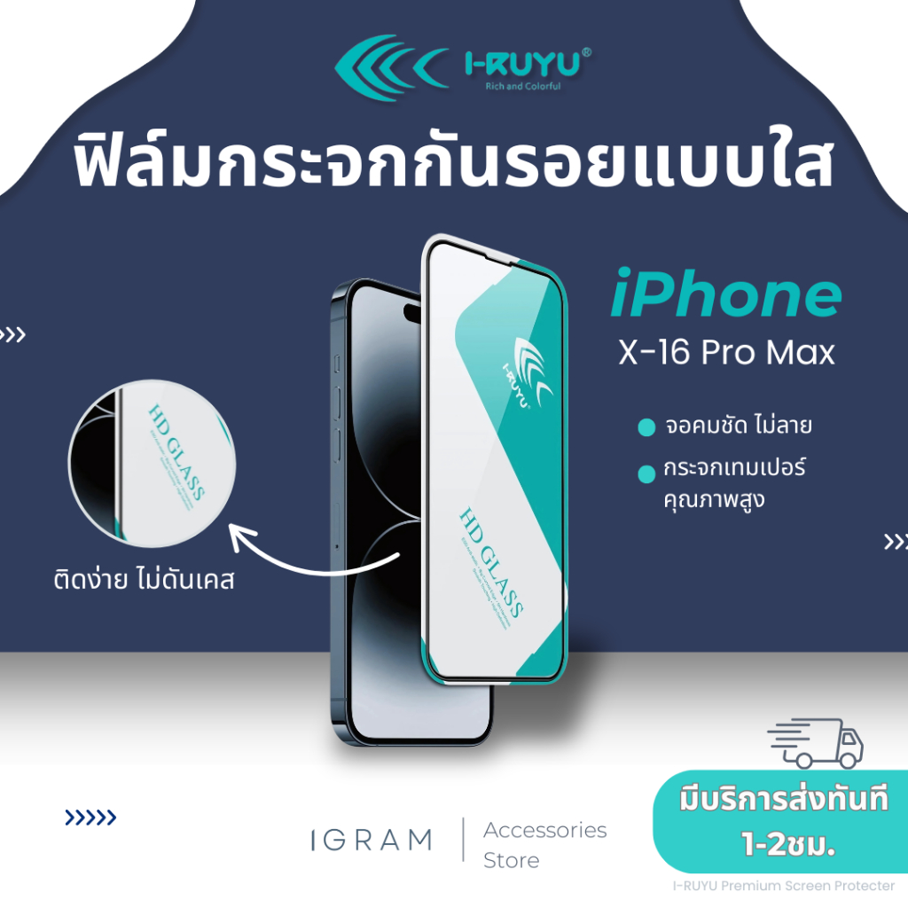 I-RUYU ฟิล์มกระจกกันรอยเต็มจอมีกันฝุ่นลำโพง สำหรับiPhone X-16Pro Max ไม่ดันเคส กันน้ำ กันรอยขีดข่วนดีมาก