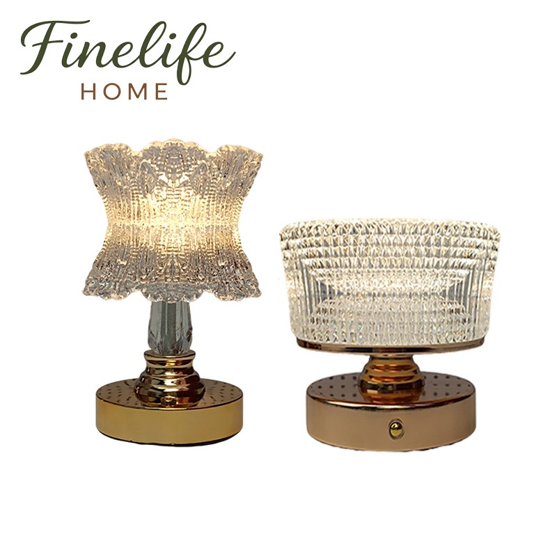 Finelife โคมไฟตั้งโต๊ะแบบสัมผัส LED ไฟกลางคืนคริสตัลหรี่แสงได้ 3 สี โคมไฟข้างเตียงสไตล์อิตาลีสุดโรแมนติก