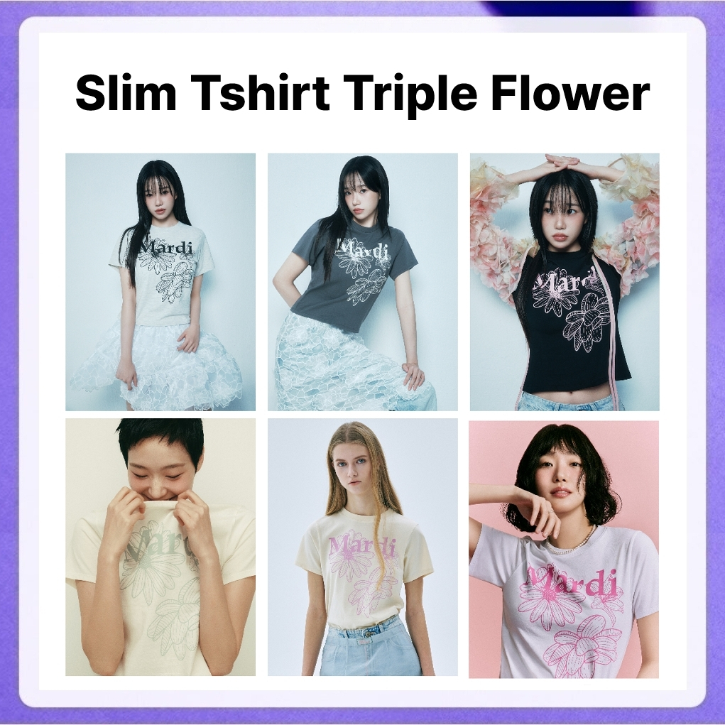 Mardi Mercredi Slim Tshirt Triple Flower (Cream Mossgreen, Butter Pinklavender, White Pink)
