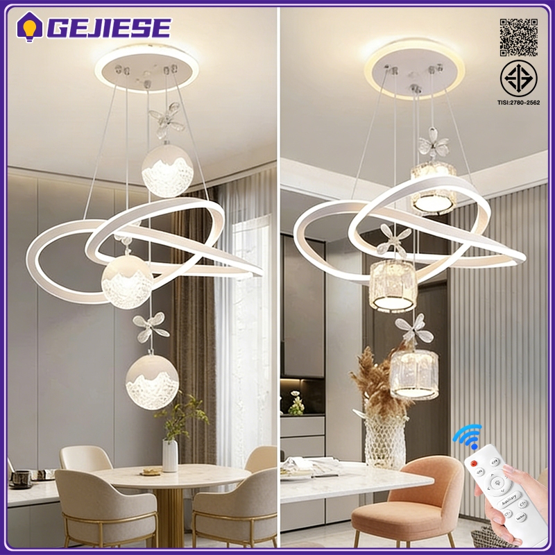 GEJIESE 3สี โคมไฟระย้า ด้วยการควบคุมระยะไกล ขาว/ดำ โคมไฟห้อย 3000-6000K โคมไฟแขวน สามารถปรับความสูงได้ โคมระย้า