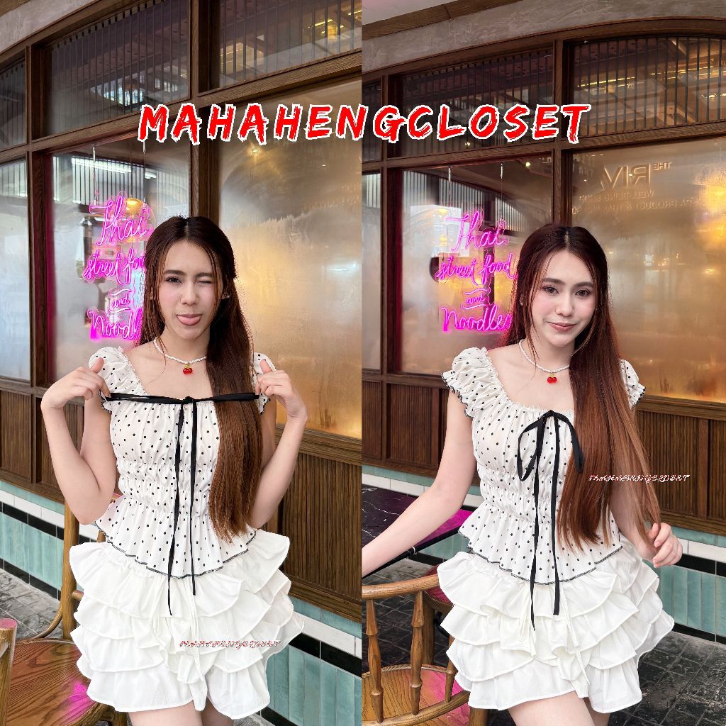MahahengCloset เสื้อครอประบาย ลายจุด  แขนตุ๊กตา เอวสม็อครอบตัว ผูกโบว์ เสื้อสีดำน่ารักมาก ราคา ถูกที่สุด ดีลบีเคเค