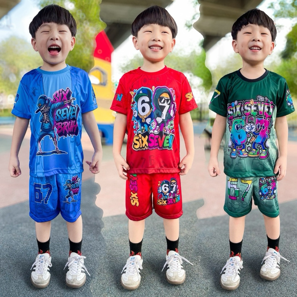 ชุดเซ็ทรุ่น67 ซิกเซเว่น เสื้อแขนสั้น+กางเกงขาสั้น ชุดเด็ก ลายการ์ตูน ผ้าไมโครไฟเบอร์ ราคา ถูกที่สุด ดีลบีเคเค