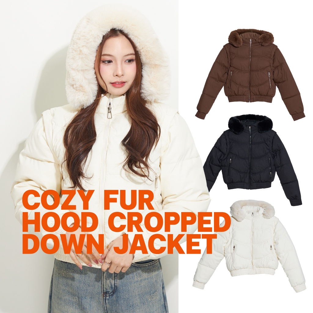 CO1241 | Cozy Fur Hood Cropped Down Jacket