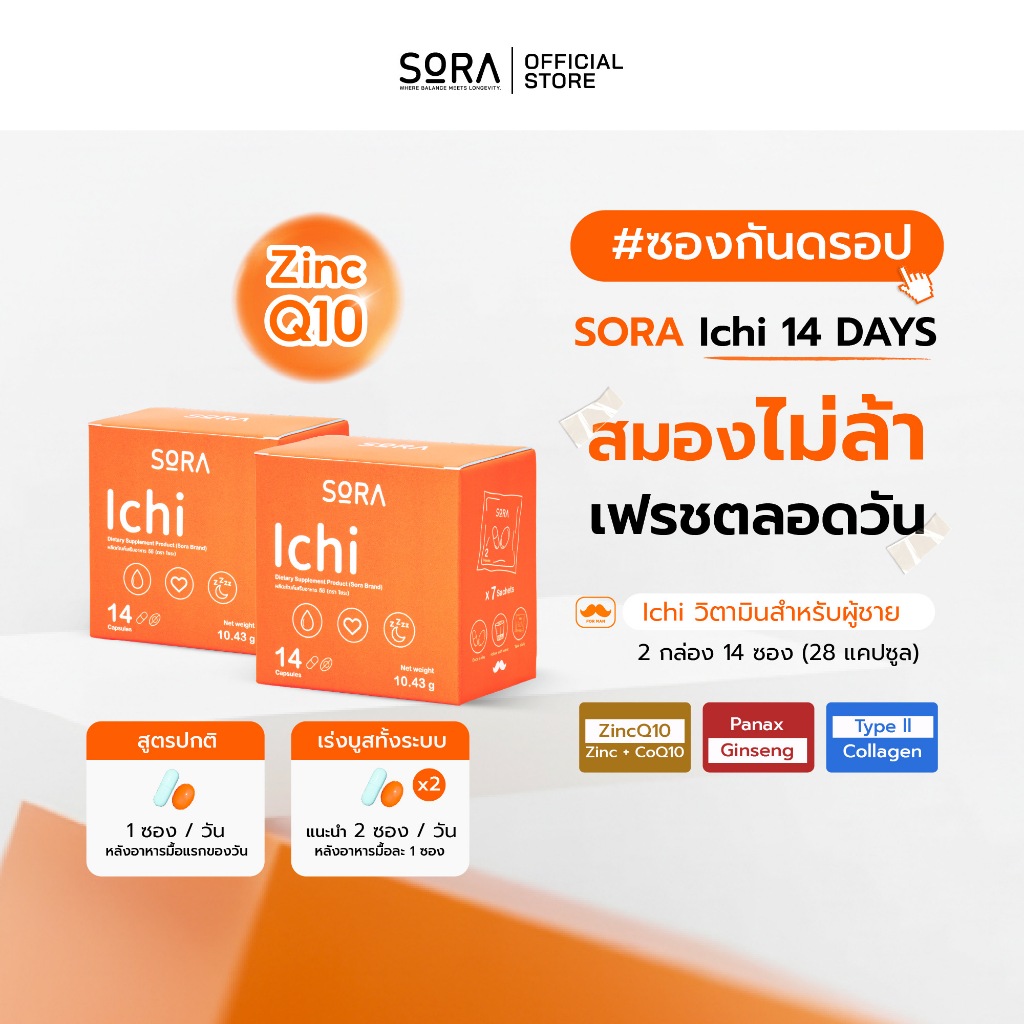 Sora Ichi  14 Days ( ขนาดทดลอง 14 วัน ) l บูสสมองเฟรซ โฟกัสดี เสริมภูมิ ชาร์จพลังงาน ไม่ล้าง่าย สำหรับผู้ช