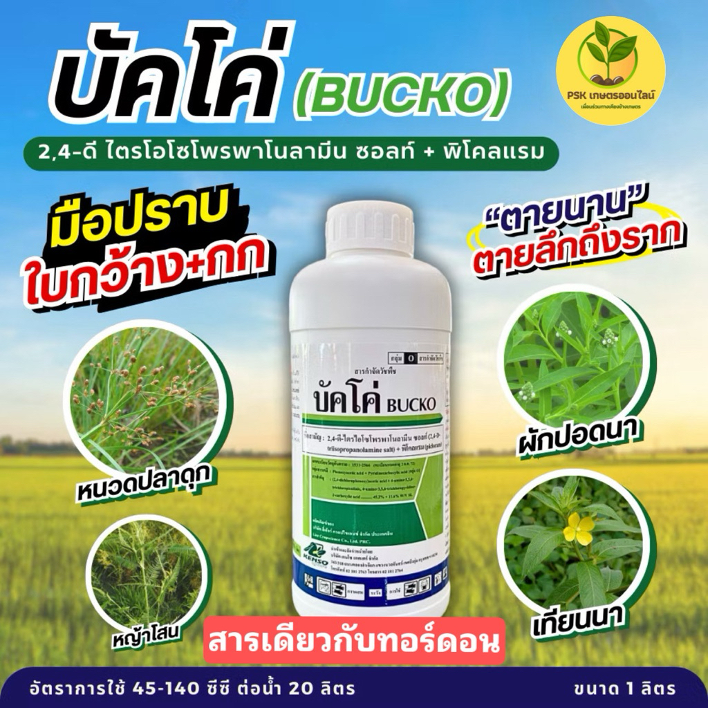 บัคโค่ ขนาด 1ลิตรและ500ซีซีสารตัวเดียวกับทอร์ดอนใช้กำจัดผักปอด เทียนนา ขาเขียด เหมาะกับข้าวอายุ 20-40 วัน