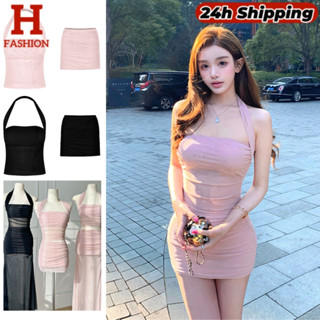 HOT พร้อมส่ง ชุดเซ็ท เสื้อคล้องคอ+กระโปรงขาสั้น ผ้านิ่มทรงรั…