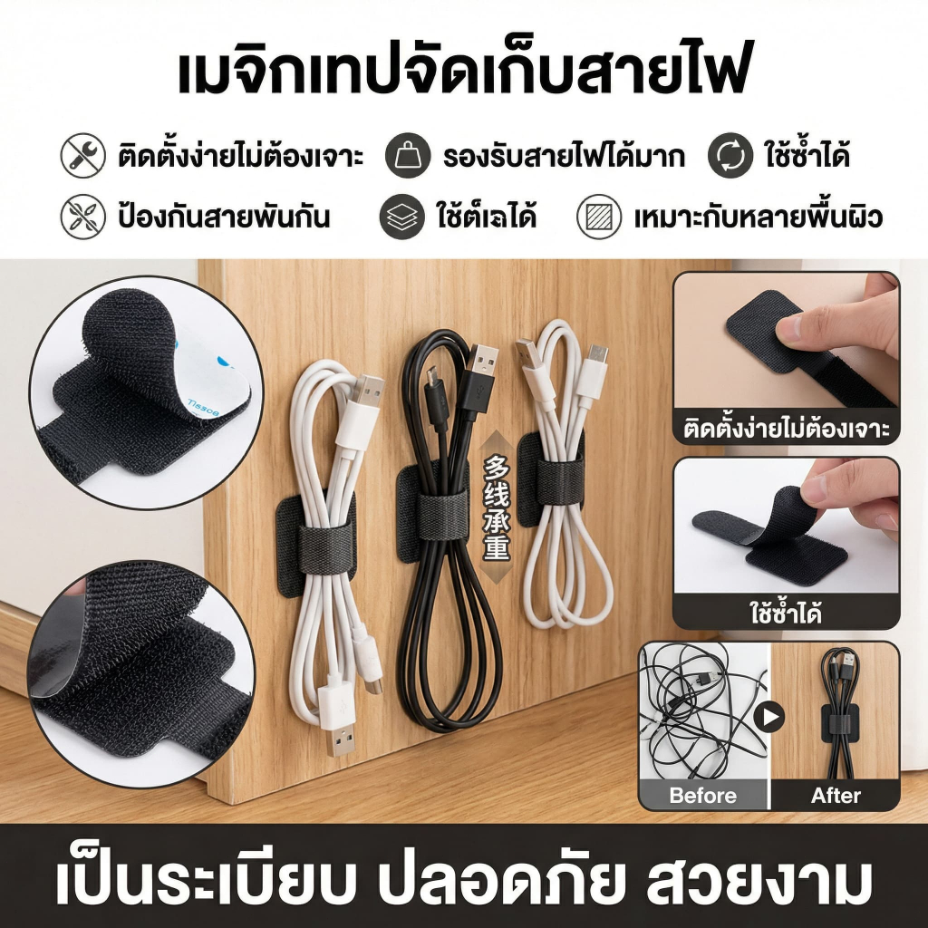 ผ้าพันสายไฟ แม่เหล็ก ป้ายเขียนชื่อ จัดระเบียบสายชาร์จ สายแลน ใช้ซ้ำได้！