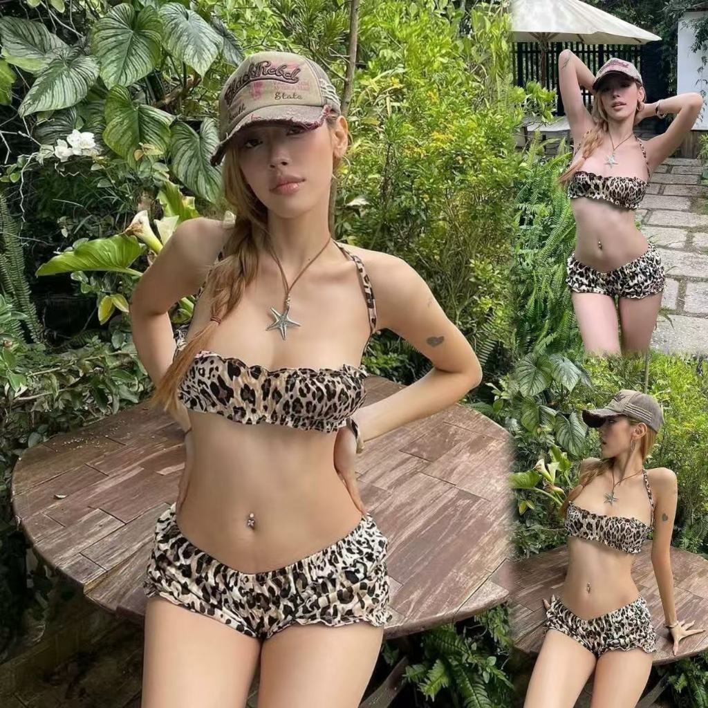 🌸Swift Bra🌸ชุดว่ายน้ำ 2 ชิ้น ชุดว่ายน้ำบิกินี่ บิกินี่แบบไม่มีสาย ลายเสือดาว รุ่นใหม่ ด้วยฟองน้ำ