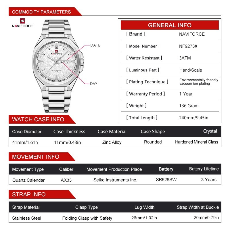 NAVIFORCE รุ่น (NF9273)  นาฬิกาข้อมือผู้ชายสไตล์สปอร์ตพรีเมียม (สำหรับสุภาพบุรุษ) พร้อมกล่องเซ็ต รูปที่ 7