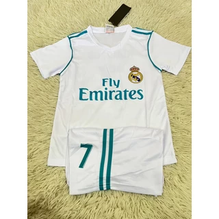 เสื้อบอลเด็กแขนสั้น ทีมเรอัลมาดริดเบอร์7ชื่อโรนัลโด้ใหม่ล่าสุด ปี2026เสื้อ+กางเกง