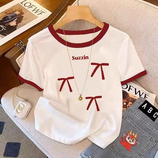 เสื้อยืดคอกลม Cherry สีขาวลายเชอร์รี่ สไตล์วินเทจ สวมใส่สบายๆ สำหรับผู้หญิง | White Cherry Print T-shirt Retro Style Com