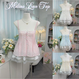 เสื้อสายเดี่ยว ผ้าโรซี่พิมพ์ลายแต่งลูกไม้ โทนหวานละมุนมาก Melina Lace Top