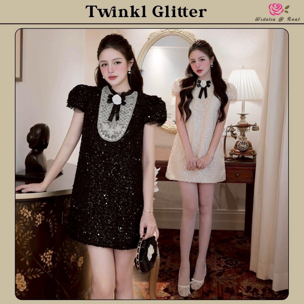 Twinkl Glitter Dress เดรสทรงปล่อย แขนสั้น อกเย็บร้อยครีสตัล อกมีเข็มกลัดดอกไม้ เนื้อผ้าวิ้ง ผ้าอย่างดี ใส่สบาย