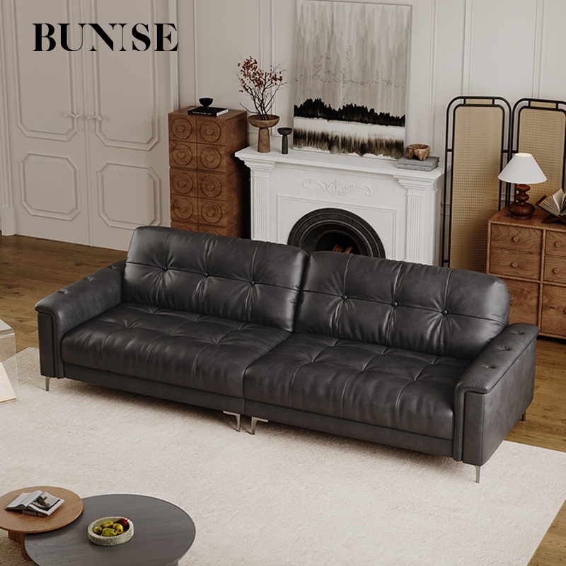 BUNISE Nebula 3-Seater Black Genuine Leather Sofa – Vintage Bauhaus Cloud Design, Free Shipping Thai