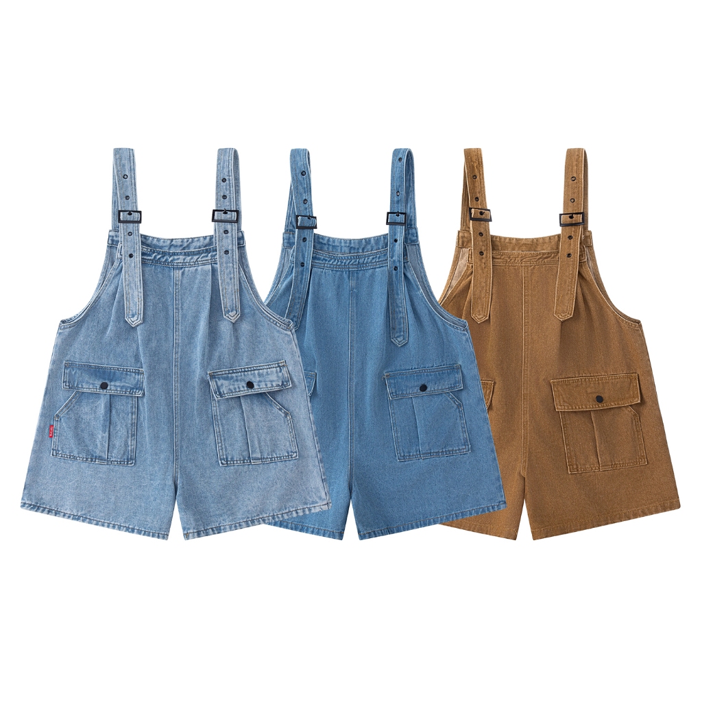 CICI_shop2 | เอี๊ยมสไตล์ญี่ปุ่น ผ้ายีนส์ขาสั้น ทรงหมีน่ารักทรงใหญ่ๆ dungaree shorts ดีเทลกระเป๋าหน้า 2 Pocket หลวมๆใส่สบ