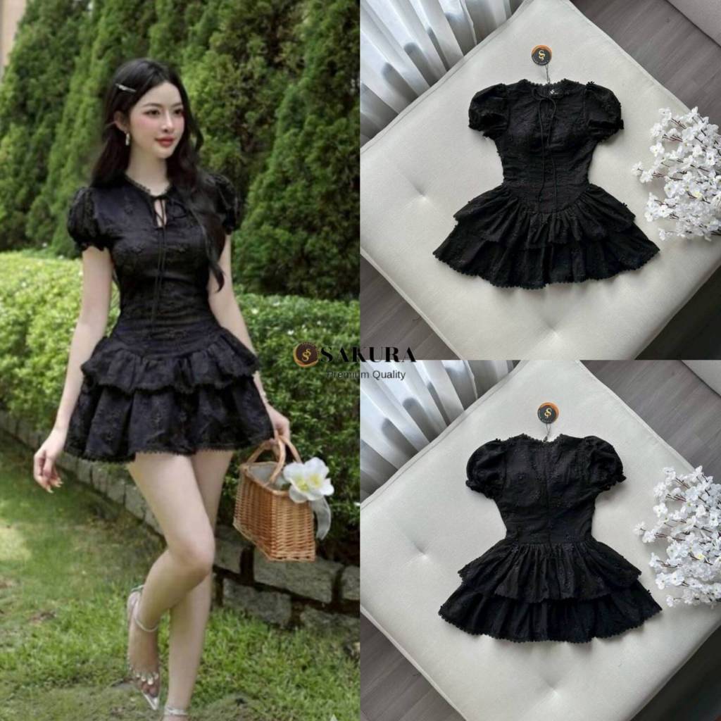 sakurabrand เดรสสั้นแขนตุ๊กตาทรงเข้ารูป-Black