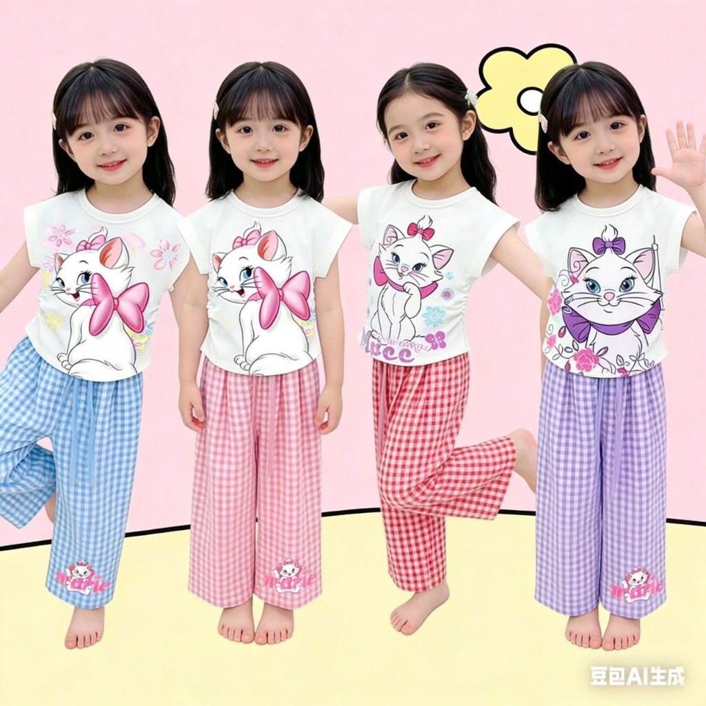 BB209 ชุดเด็กผู้หญิง ลายแมวน่ารัก เสื้อแขนสั้น + กางเกงขายาวลายสก็อต ผ้านิ่ม ใส่สบาย