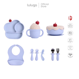 Luluga ชุดทานข้าวเด็ก 6 ชิ้น ชามซิลิโคนเด็ก จานซิลิโคน แก้วหัดดื่ม ชามดูดโต๊ะ ช้อนส้อมเด็ก BPA Free Platinum Silicone